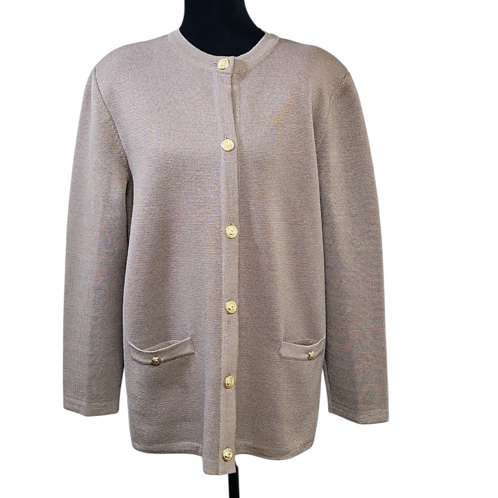 Vintage Blarney 100% Wool Cardigan Jacket Size 14 Tan Gold Buttons Pockets